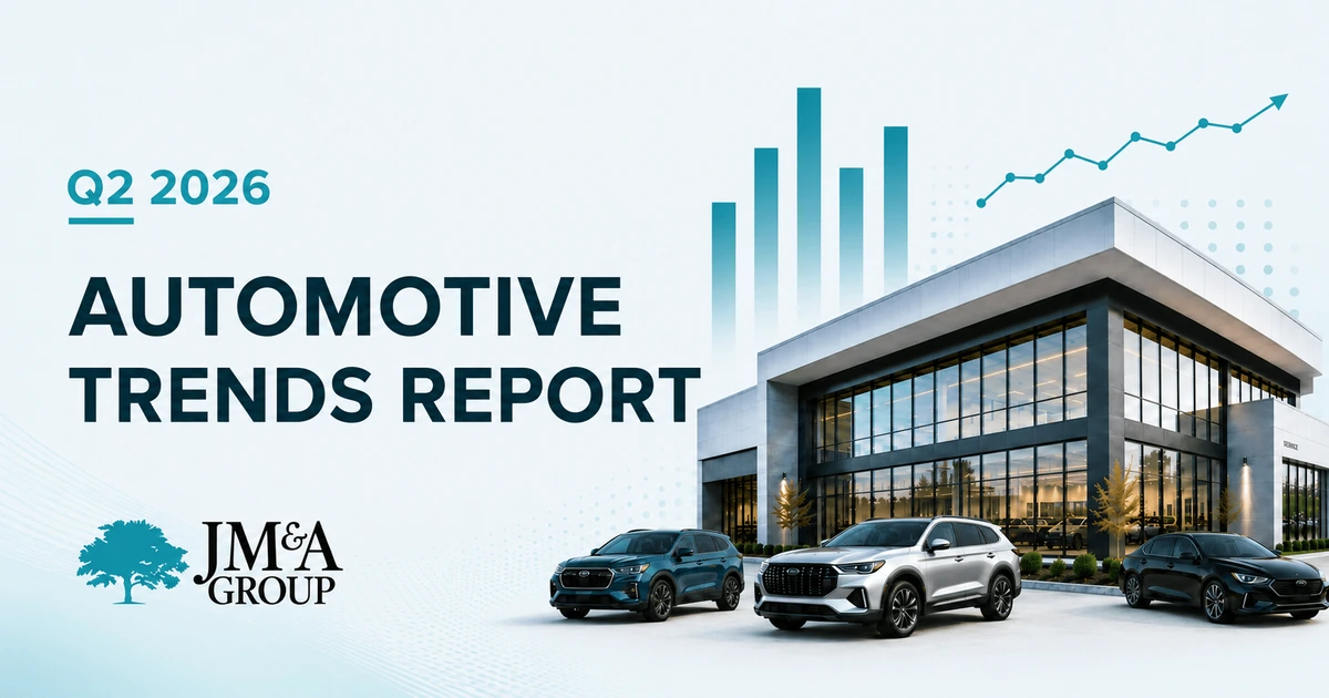 Q2 2026 Automotive Trends Report campaign artwork for JM&A Group, with a dealership, three vehicles and teal chart motifs.