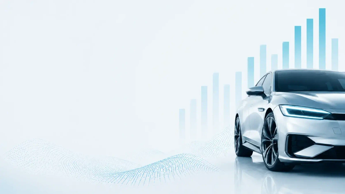 Published web hero with a silver vehicle, pale teal bars and a flowing dot pattern, leaving space for the report heading.