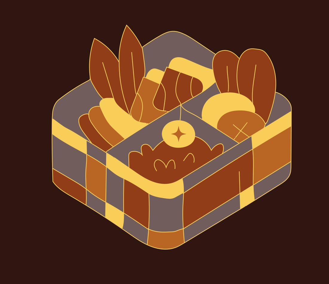 Bento, palette B: an illustrated food box in gold and brown, with a star detail