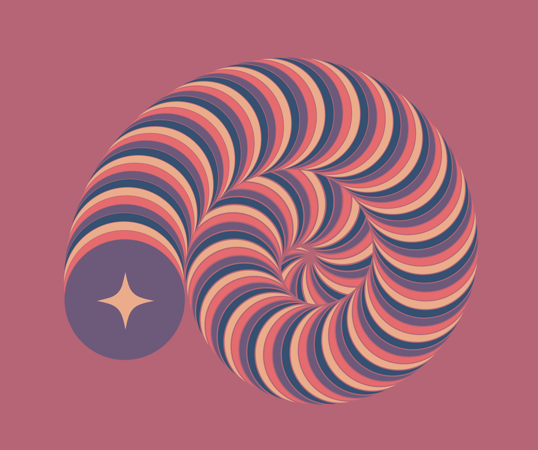Fossil, palette F: a multicolored spiral of repeated curved bands with a four-point star