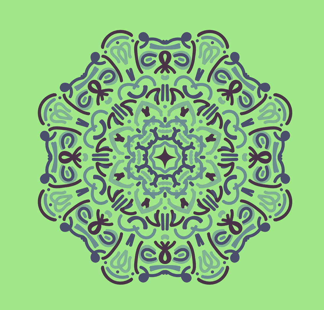Mandala, palette M: layered dark radial ornament on a bright green field