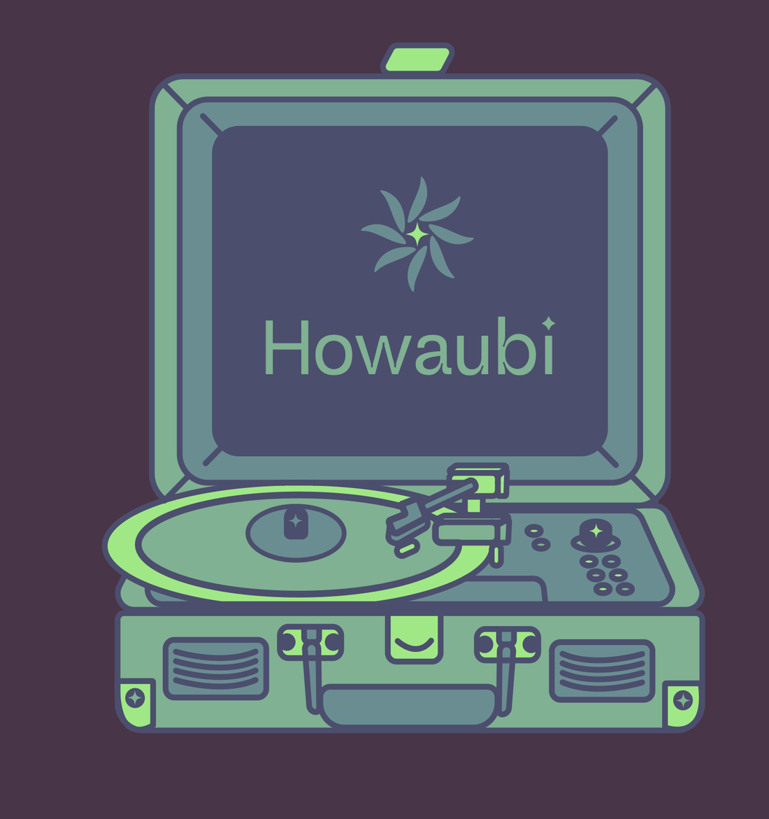 Music, palette M: a green and blue record player with the Howaubi name and rosette inside its lid
