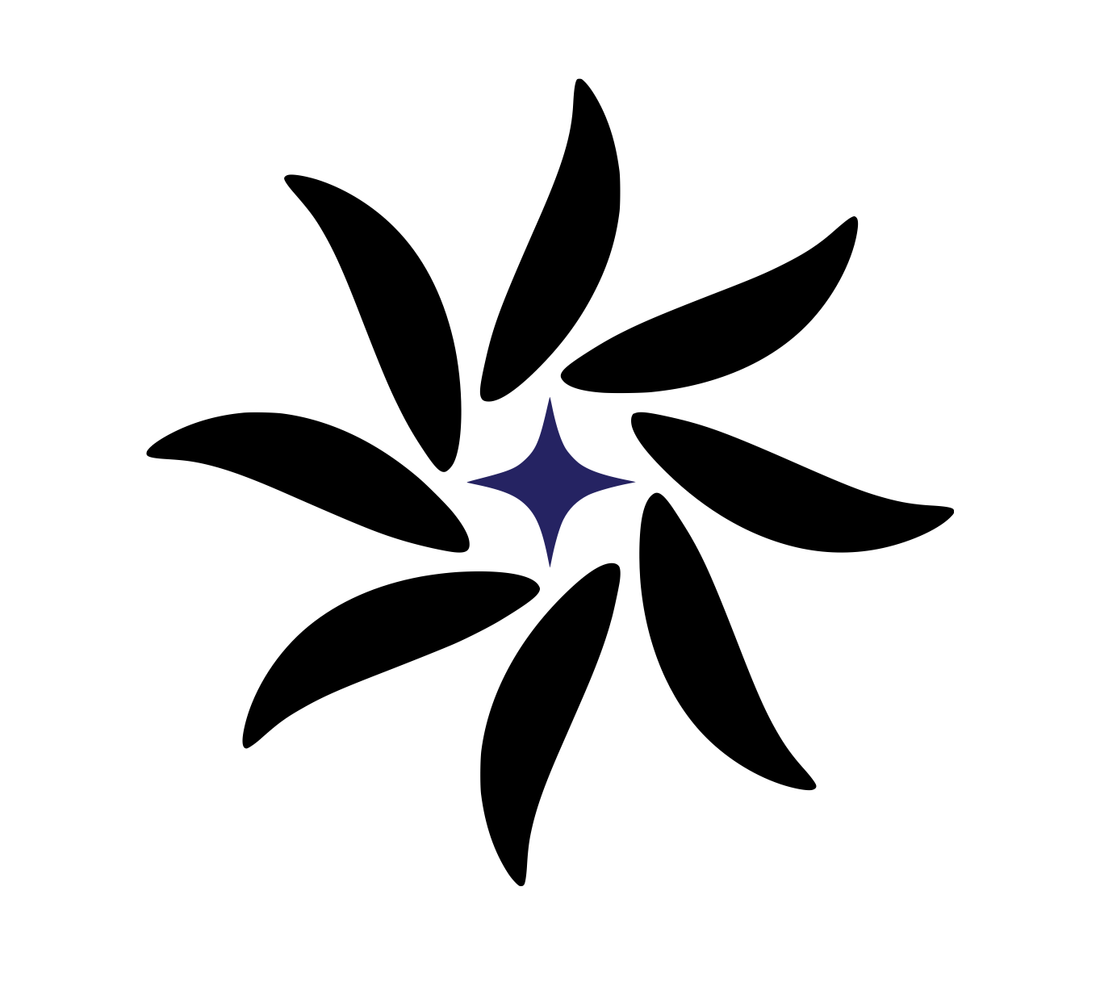 Starter Study: eight black curved petals around a violet four-point star on white