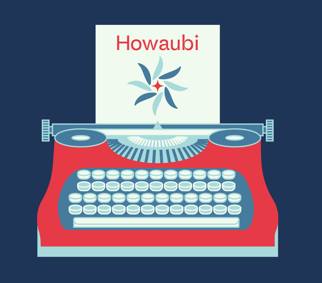 Typewriter, palette T: a red and blue typewriter with Howaubi and a rosette on its paper