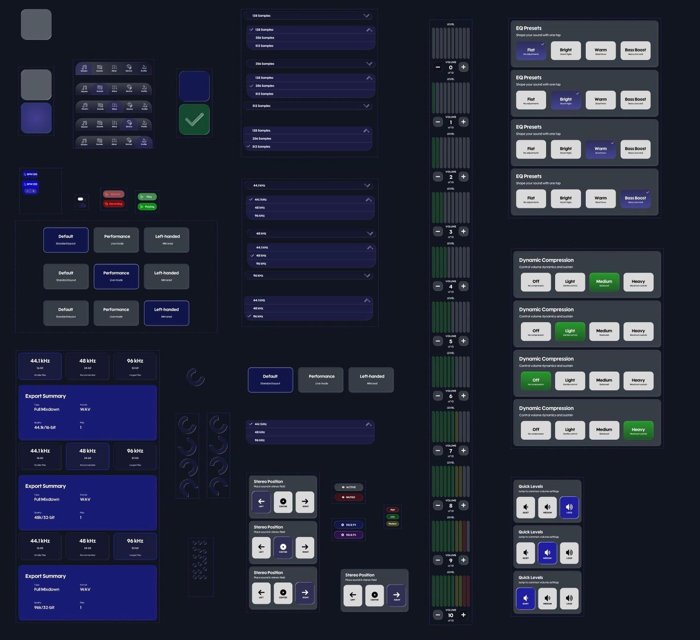 Full Launchitone component board showing tab, pad, transport, mapping, level, export, EQ and compression state families