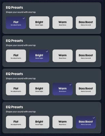 Detail of Flat, Bright, Warm and Bass Boost EQ preset states