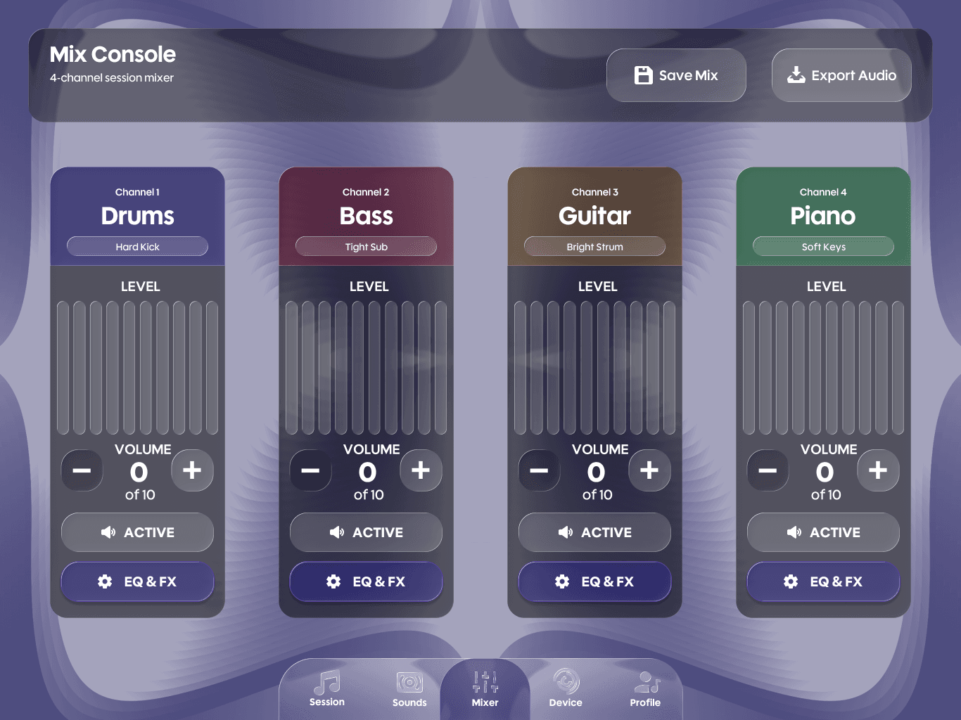 Launchitone Mix Console with four instrument channels, volume levels, active controls, EQ and FX, Save Mix and Export Audio