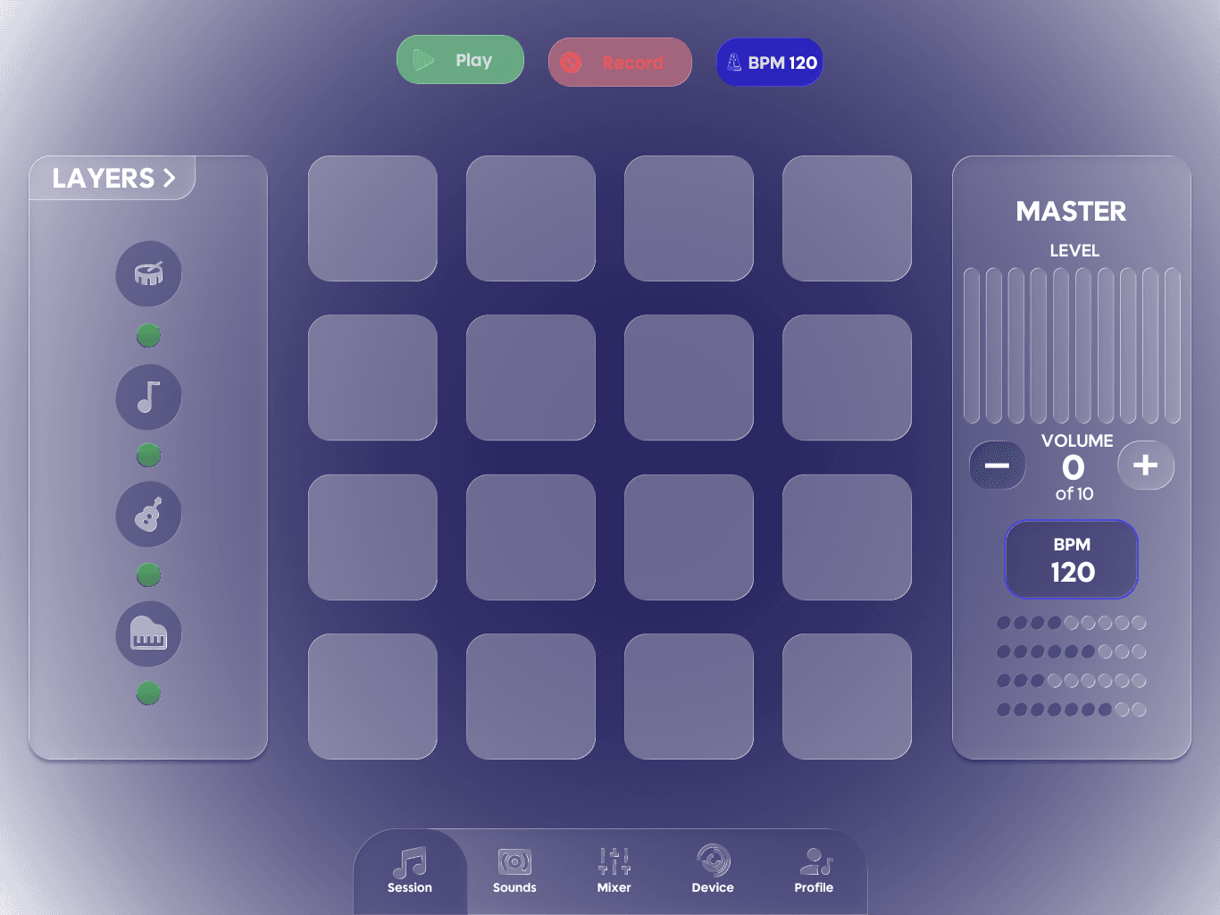 Launchitone Session interface with four instrument layers, pads and master controls.