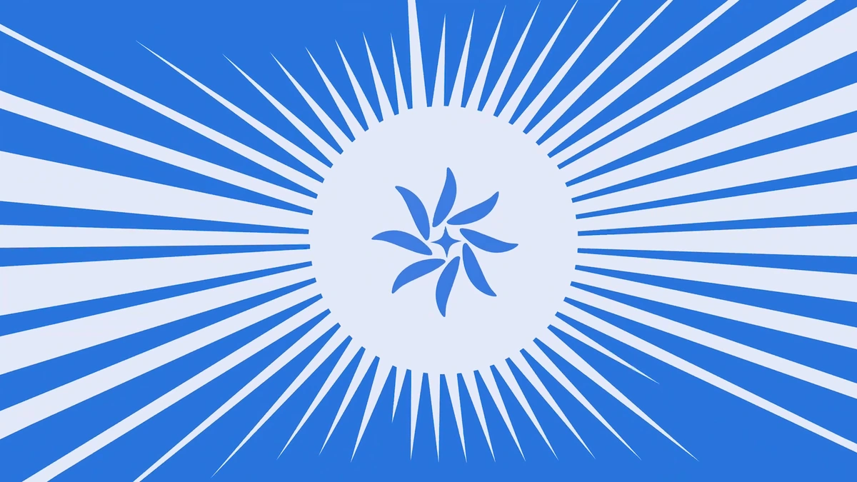 Blue radial rays surrounding a curved floral form on a white field