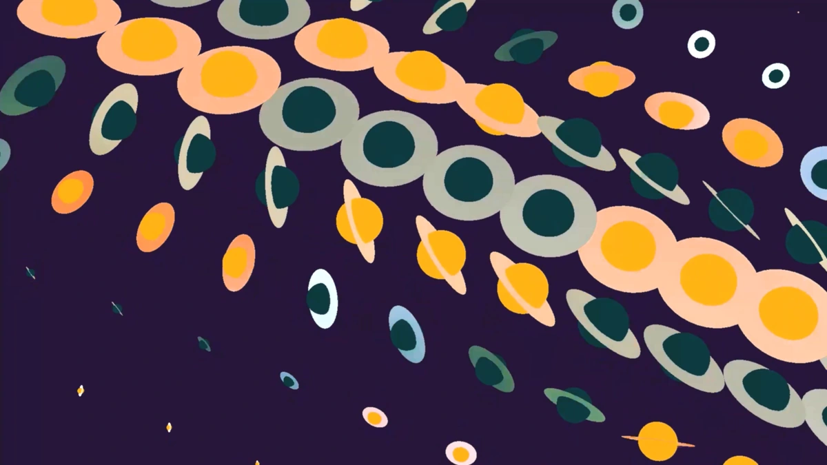 Alternating circular planes receding into a dark purple space