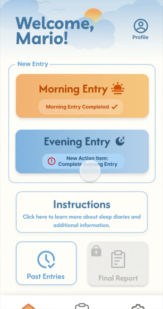 High-fidelity home after morning completion, with Evening Entry as the next action