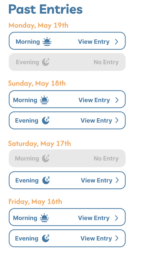 Dated Past Entries detail with labeled morning and evening rows, View Entry and No Entry states