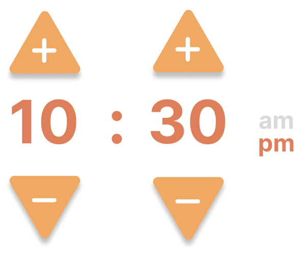 Sleep Diaries time-control detail with plus and minus triangles for hours and minutes and an AM/PM choice