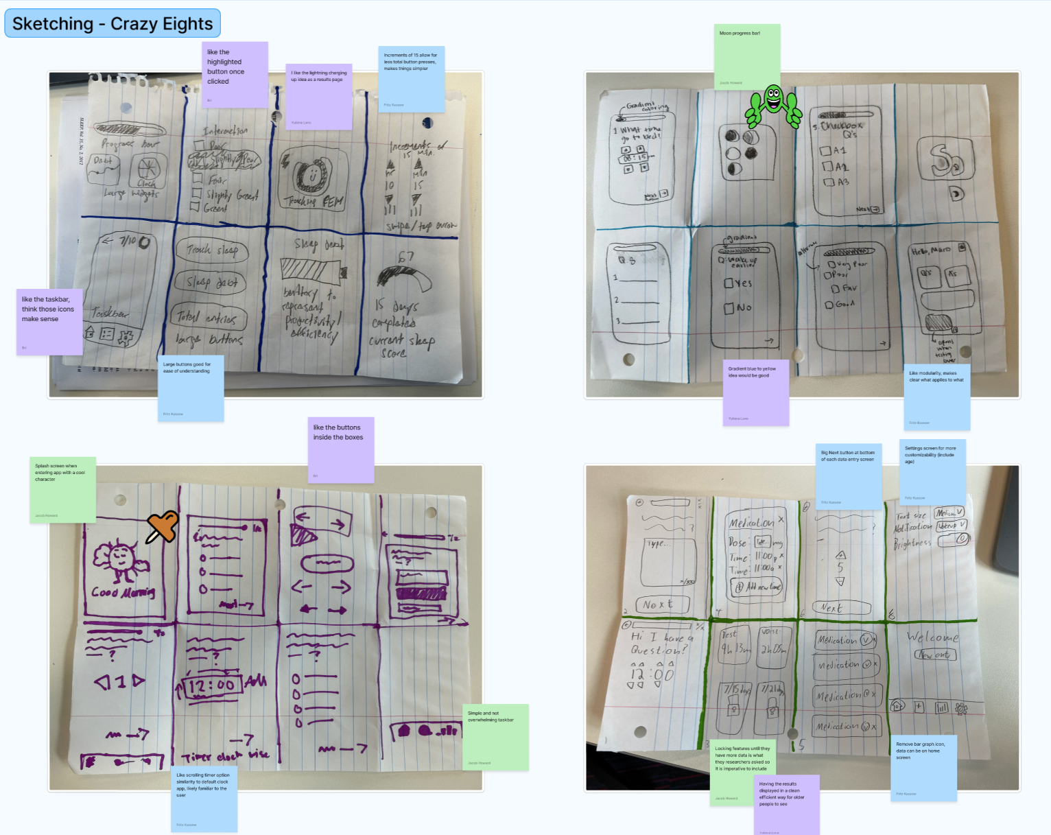 Four photographed Crazy Eights sketch sheets with peer comments about controls, navigation and visible state