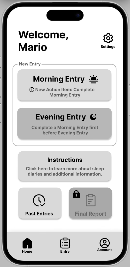 Grayscale home wireframe showing separate morning and evening entry actions and report availability