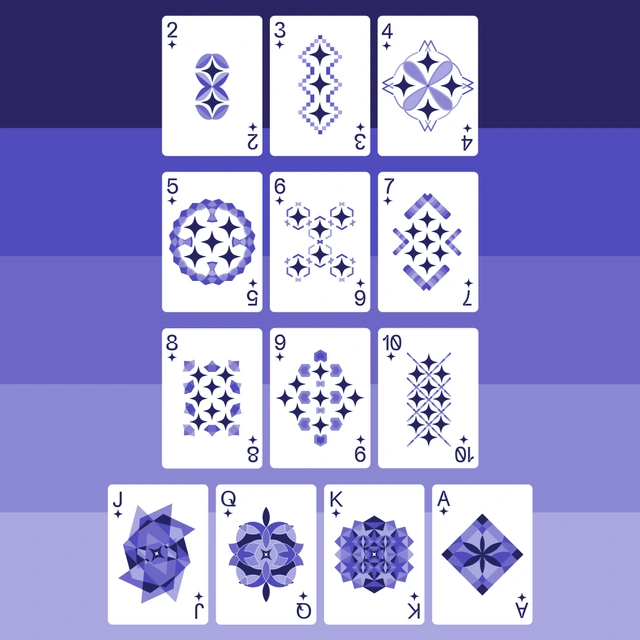 The thirteen diamond cards, from number cards to geometric courts and ace, arranged over five purple tones