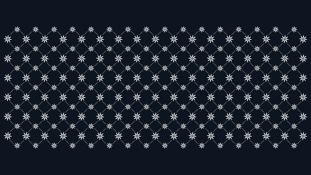 Repeated white flower-like marks connected by a dotted diagonal lattice on a dark ground