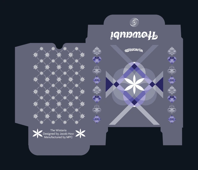 Unfolded grey Wistaria tuck-box artwork showing the same panel and tab arrangement