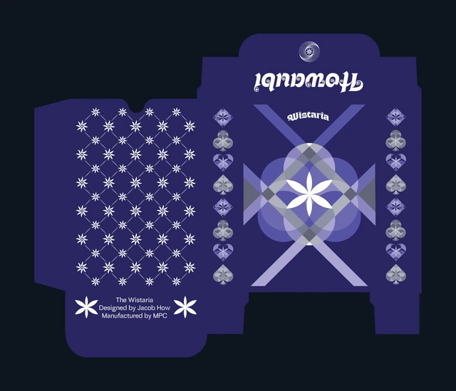 Unfolded purple Wistaria tuck-box artwork showing front, back, ace side panels and tabs