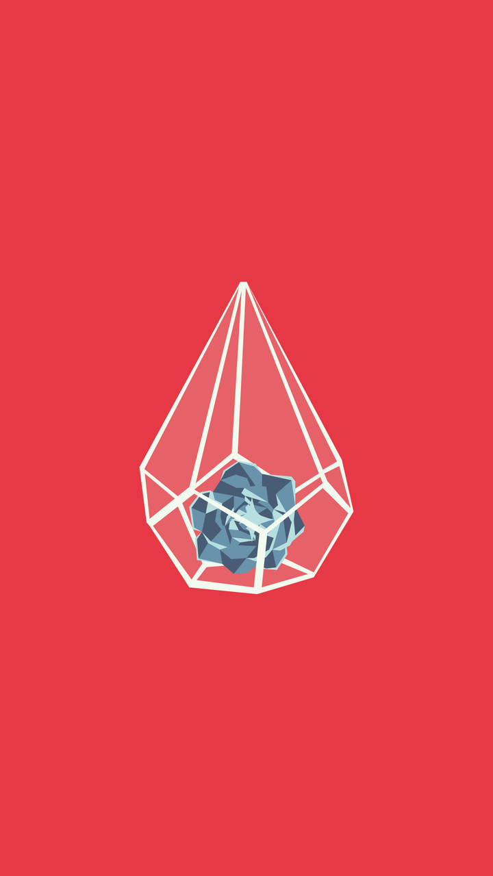 Terrarium: Suspended angular terrarium and faceted plant on red.