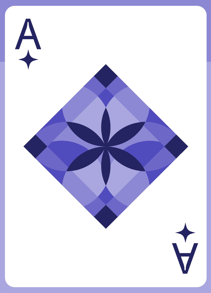Ace of Diamonds: Purple presentation of the Ace of Diamonds, with geometric suit and floral/star ornament.
